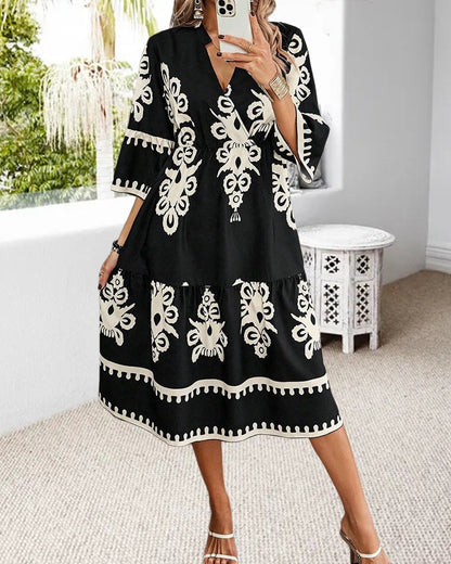 V-neck vintage printed loose dress casual dresses summer