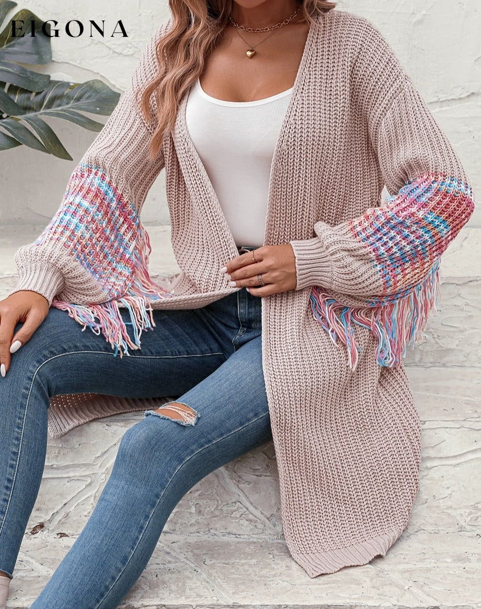 Fringe Sleeve Dropped Shoulder Cardigan cardigan clothes long sleeve M&Y Ship From Overseas top