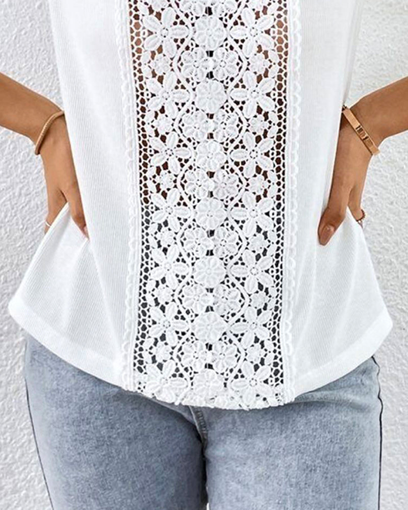 Lace V-Neck Spliced Hollow Out Blouse