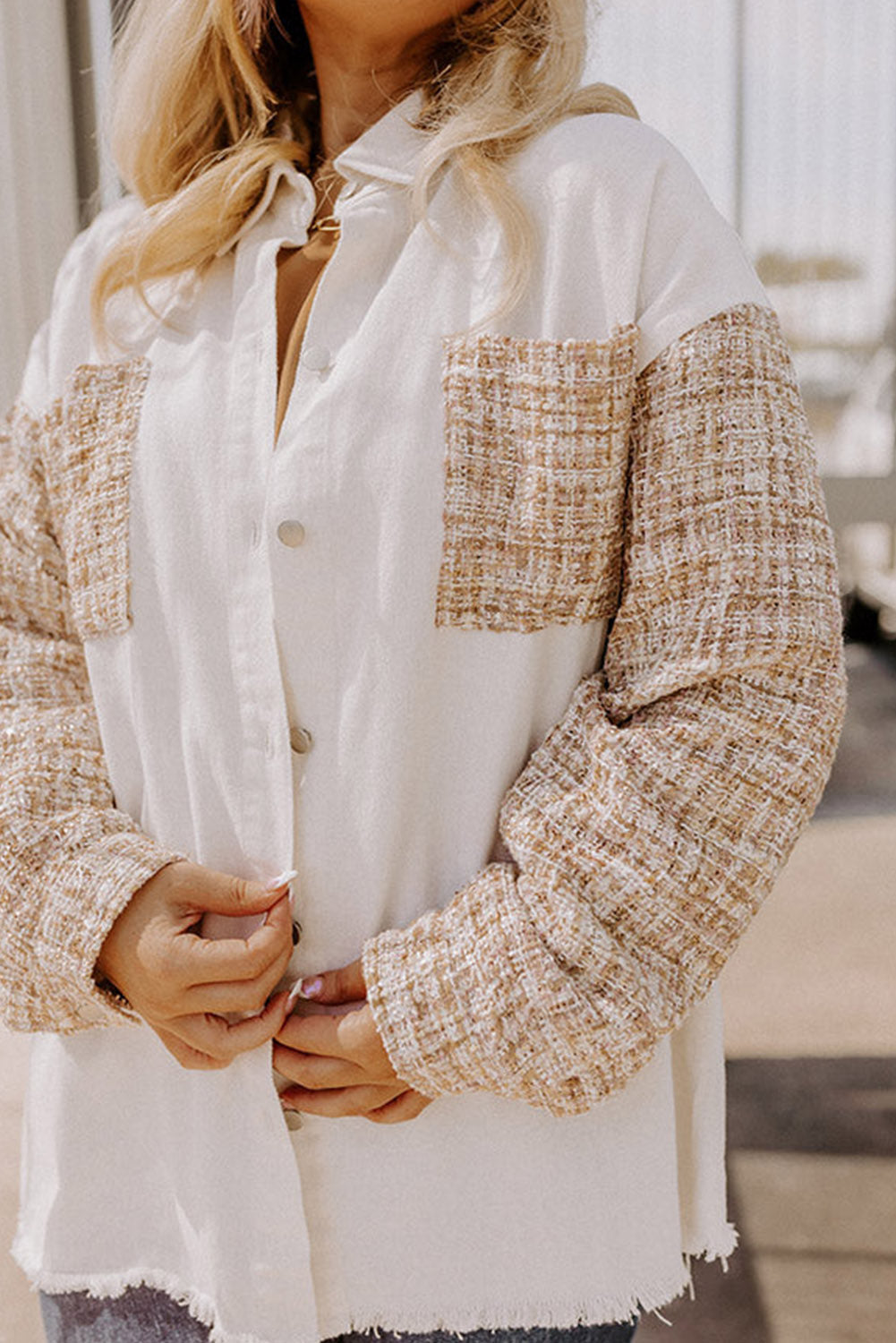 White Plus Size Tweed Patchwork Raw Hem Long Sleeve Button down shirt Jacket clothes long sleeve shirt long sleeve shirts long sleeve top long sleeve tops shirt shirts top tops