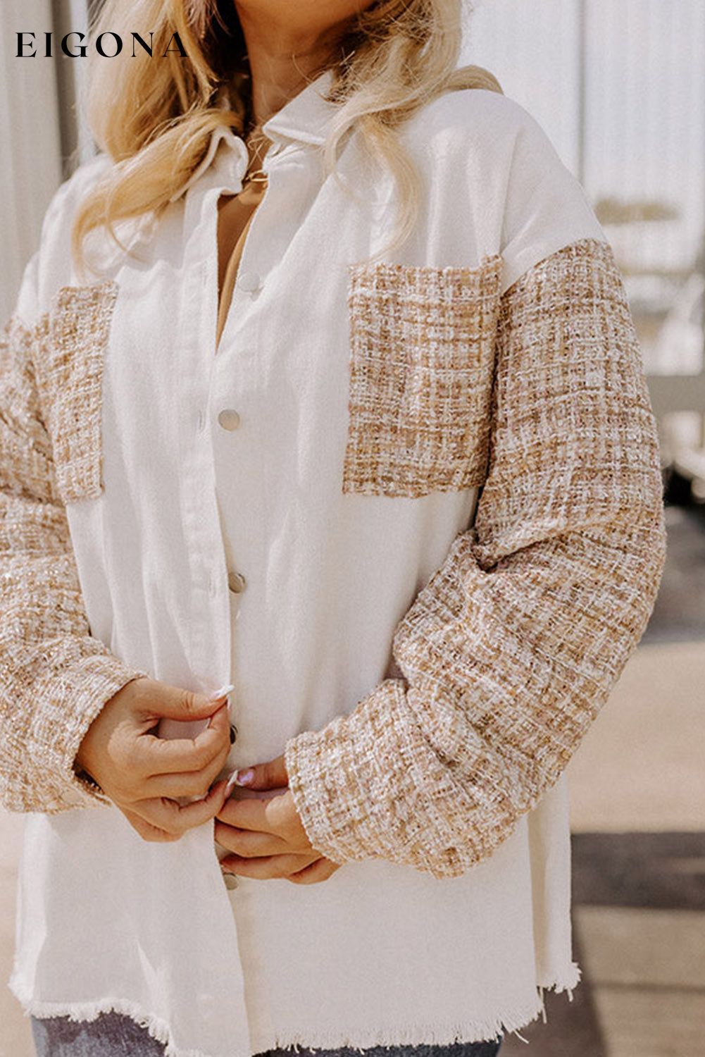 White Plus Size Tweed Patchwork Raw Hem Long Sleeve Button down shirt Jacket clothes long sleeve shirt long sleeve shirts long sleeve top long sleeve tops shirt shirts top tops