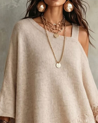 One-Shoulder Lace Hem Patchwork Pullover 2024 f/w pullovers