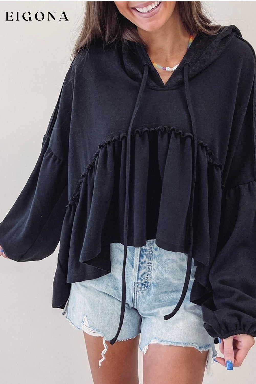 Black Oversized Ruffled High Low Hem Drop Shoulder Hoodie All In Stock clothes long sleeve top Occasion Daily Print Solid Color Season Spring Style Casual sweater sweaters top tops