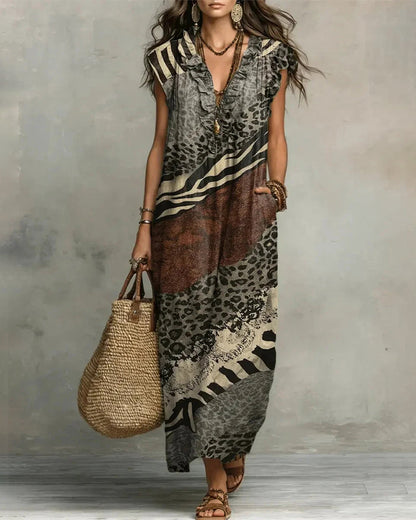 V-Neck Ruffle Pattern Patchwork Dress