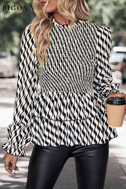 Printed Smocked Flounce Sleeve Blouse Black and white blouse clothes Hundredth Ship From Overseas Striped blouse Tops/Blouses