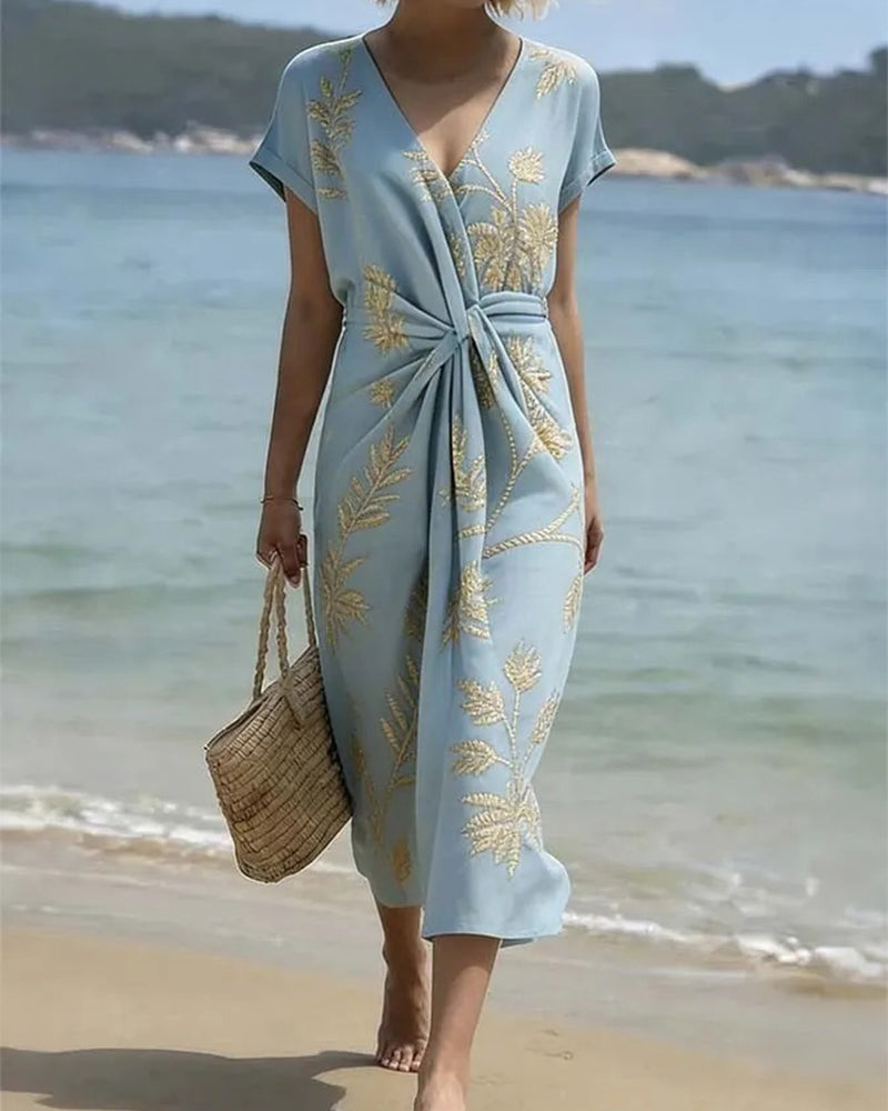 V-Neck Twist Waist Tie Dress