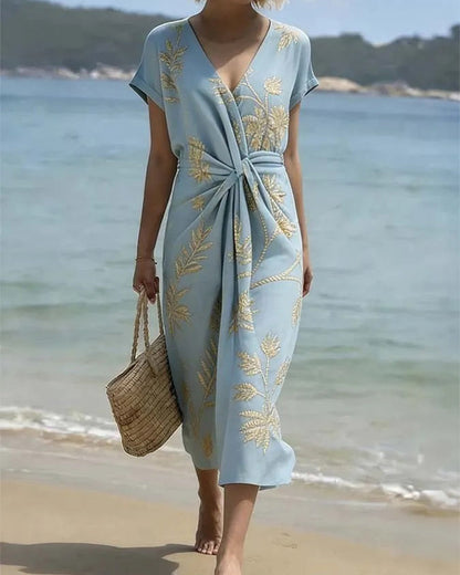 V-Neck Twist Waist Tie Dress