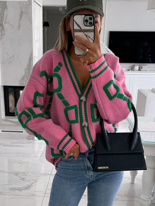 Geometric Dropped Shoulder Button Down Sweater Cardigan Hot Pink cardigan cardigans clothes S.X Ship From Overseas sweater sweaters