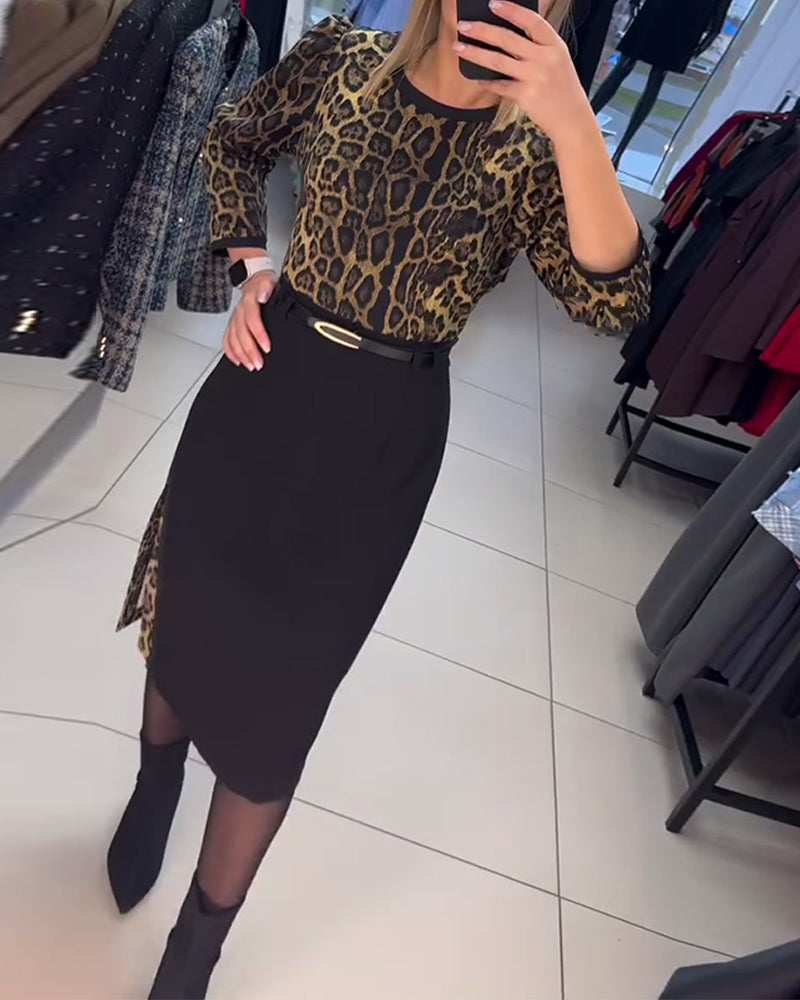 Puff Sleeve Leopard Print Slit Dress