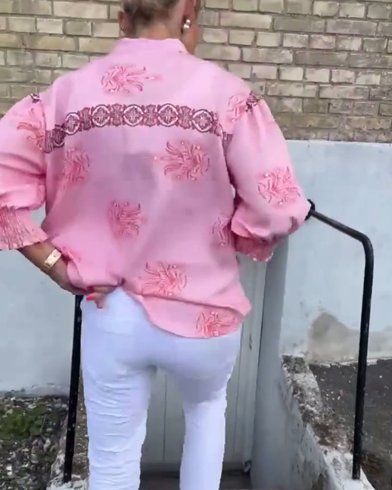 Lace Long-Sleeved Printed Blouse