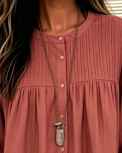 Round Neck Pleated Long Sleeve Blouse