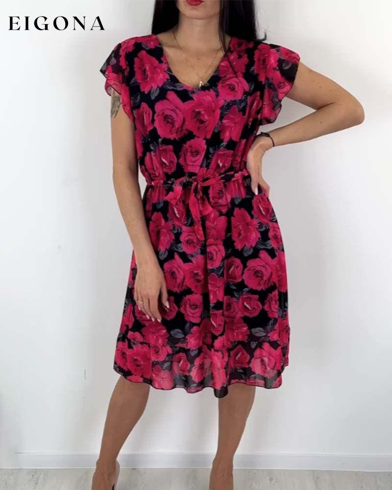 Short-sleeved rose print dress casual dress elegant dress spring summer