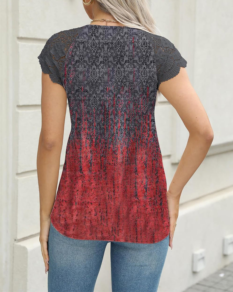 Casual Printed V-Neck Short Sleeve Blouse