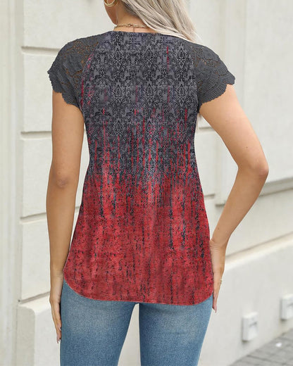 Casual Printed V-Neck Short Sleeve Blouse