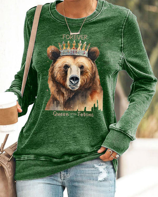 Women's Retro Grizzly 399 Forever The Queen Of The Tetons Print Sweatshirt 2024 f/w cute animals sweatshirts