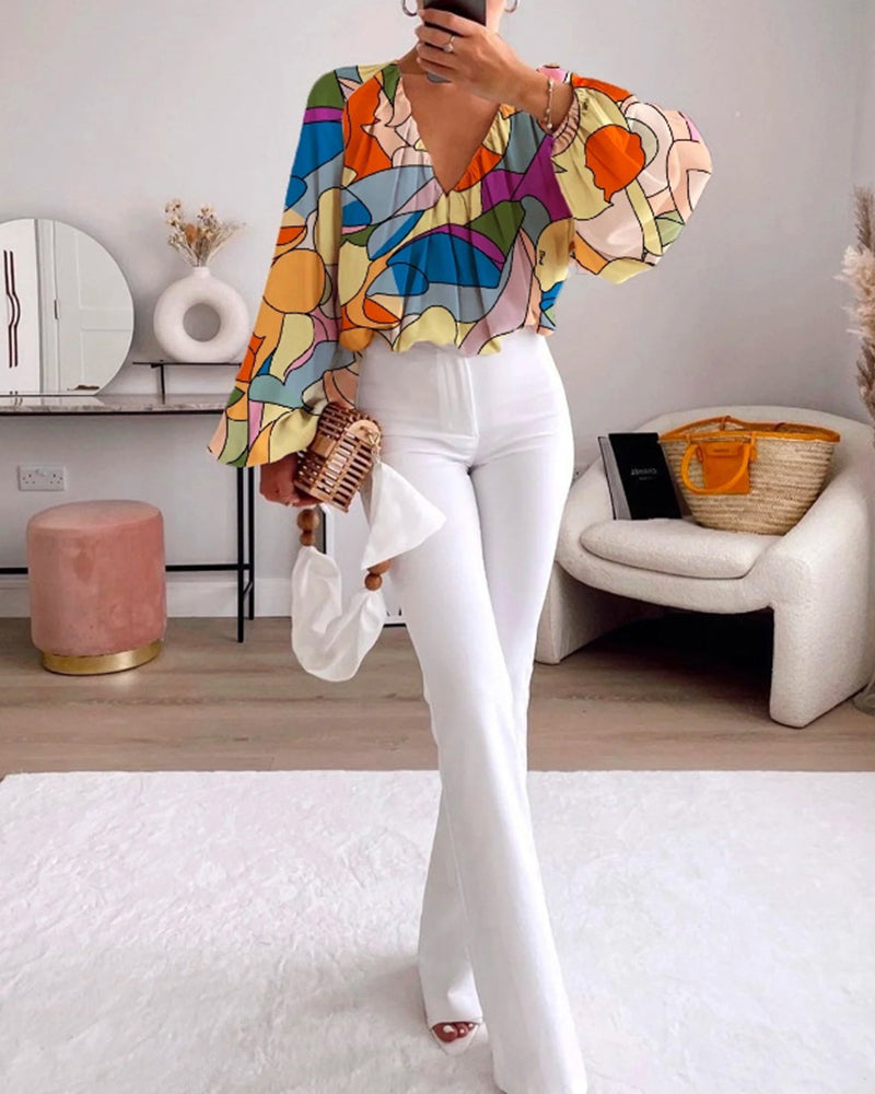 Colorful printed V-neck lantern sleeves blouse blouses & shirts spring summer