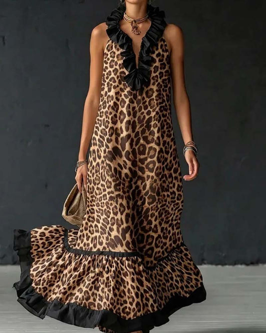 Sleeveless Ruffled Leopard Print Dress casual dresses spring summer
