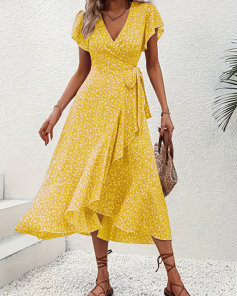 Small Floral Tie-Front Vacation Dress
