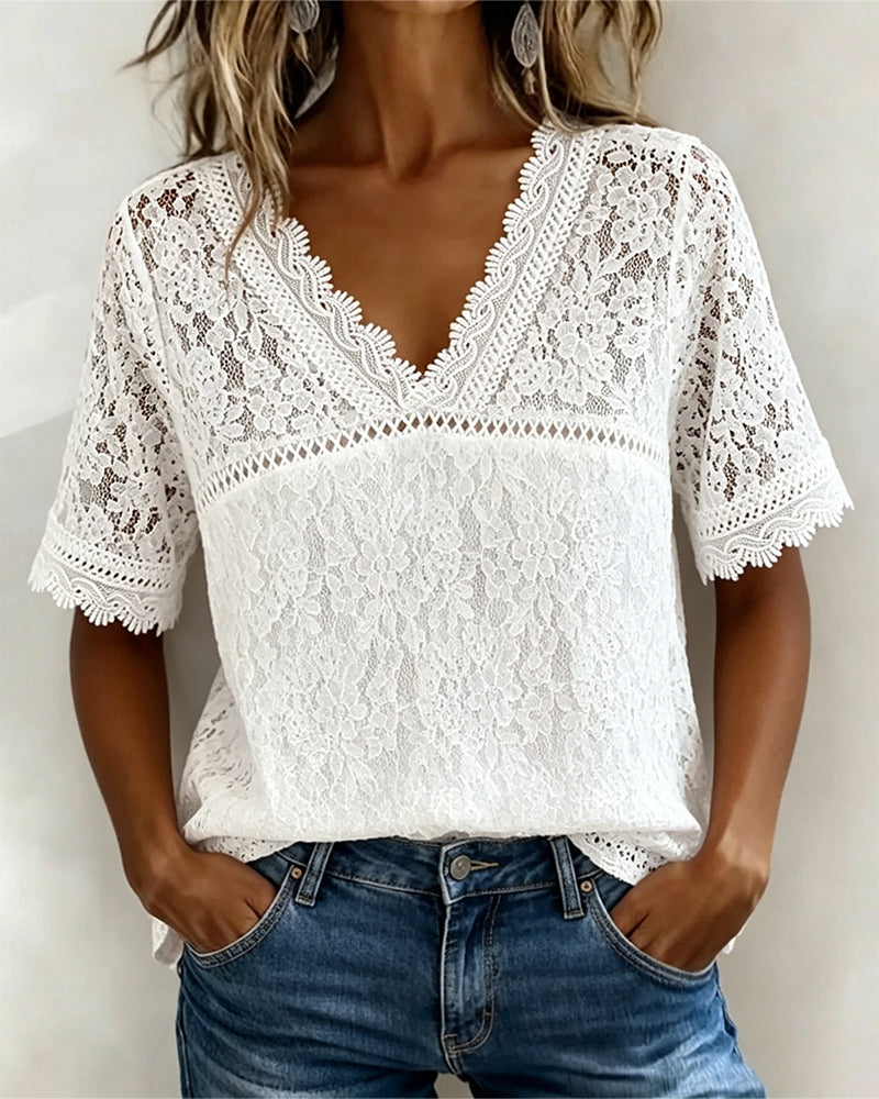 Solid Color Short Sleeve Lace Blouse