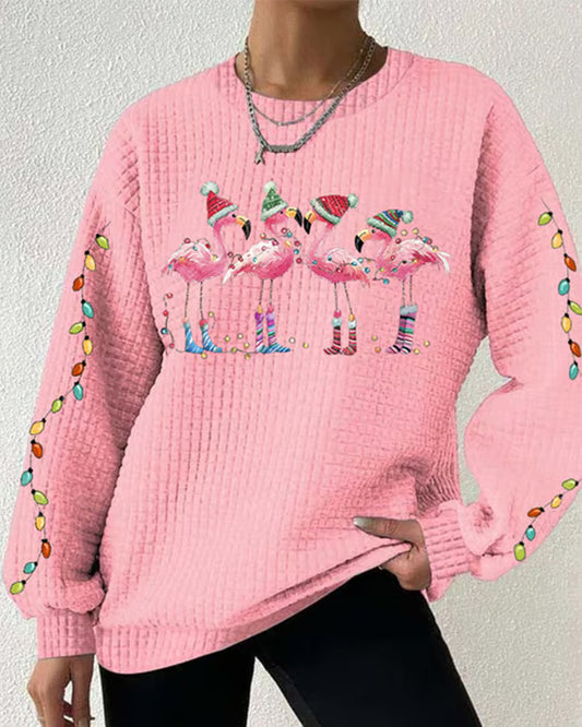 Women's flamingo print round neck long sleeve sweatshirt 2024 f/w christmas sweatshirts