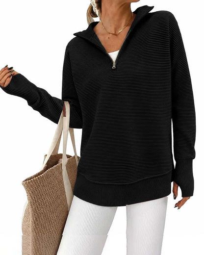 Collared Zipper Striped Long-Sleeve Sweatshirt