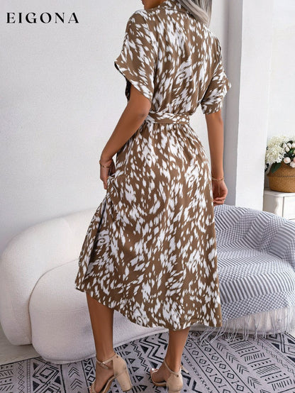 Printed Collared Neck Short Sleeve Tie Waist Dress B.J.S casual dress casual dresses clothes dress dresses midi dress Ship From Overseas short sleeve short sleeve dress