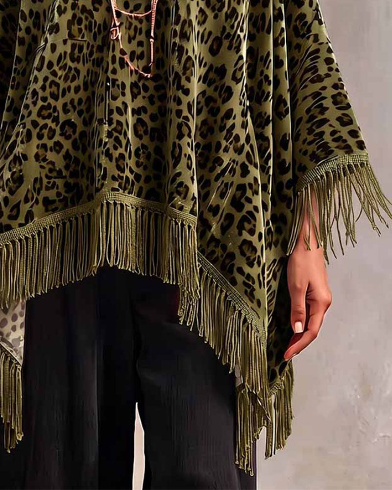 Batwing Fringe Leopard Print Loose Velvet Blouse 2024 f/w blouses & shirts
