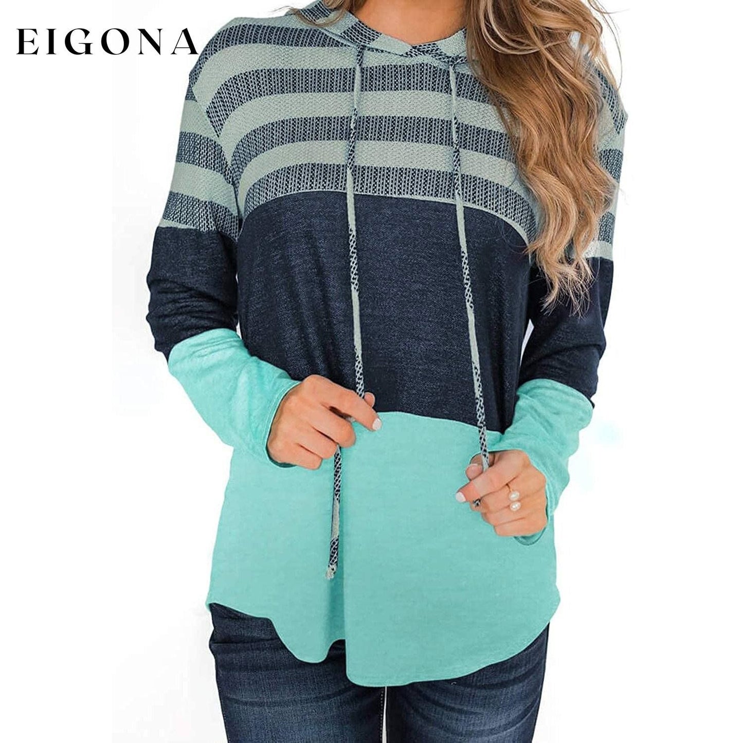Women Long Sleeve Striped Color Block Casual Hoodies Green __stock:500 clothes refund_fee:1200 tops