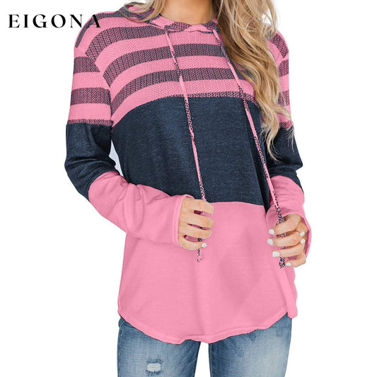 Women Long Sleeve Striped Color Block Casual Hoodies Pink __stock:500 clothes refund_fee:1200 tops
