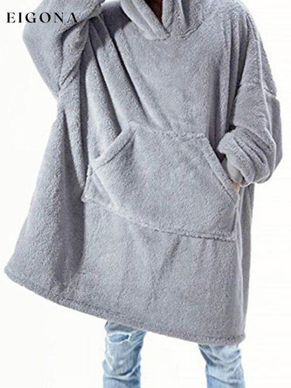 Long Sleeve Pocketed Hooded Fuzzy Sweater, Lounge Top Light Gray One Size clothes lounge lounge wear loungewear M@F@T Ship From Overseas Sweater sweaters Sweatshirt