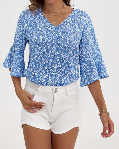 V-Neck Floral Butterfly Sleeve Blouse