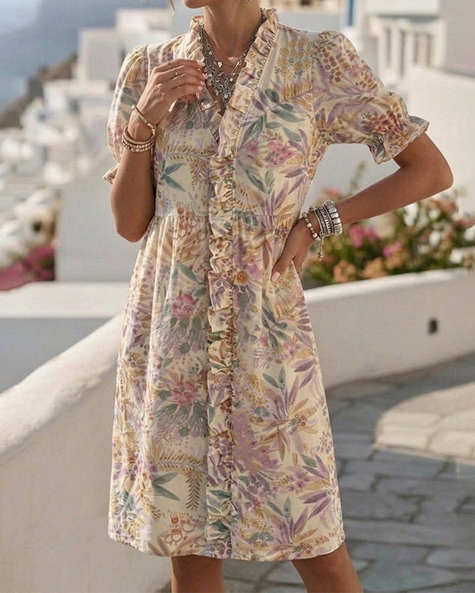 Waist-Cinched Puff Sleeve Ruffle Floral Dresses casual dresses spring summer