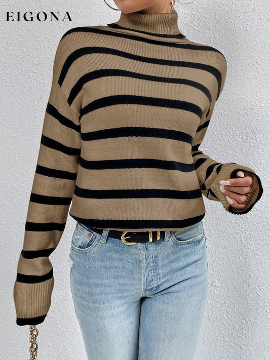 Striped Turtleneck Drop Shoulder Sweater Camel clothes long sleeve shirt Ship From Overseas striped sweater sweater Yh
