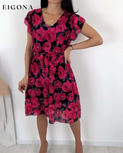 Short-sleeved rose print dress casual dress elegant dress spring summer