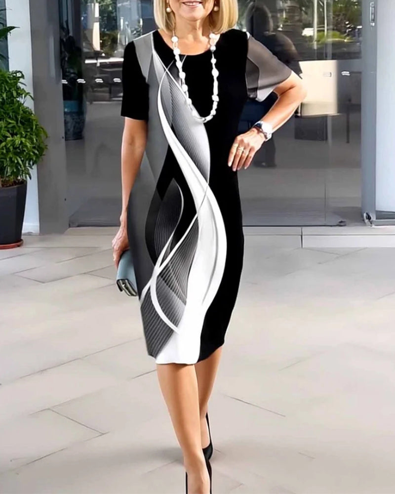 Crew Neck Geometric Print Dress