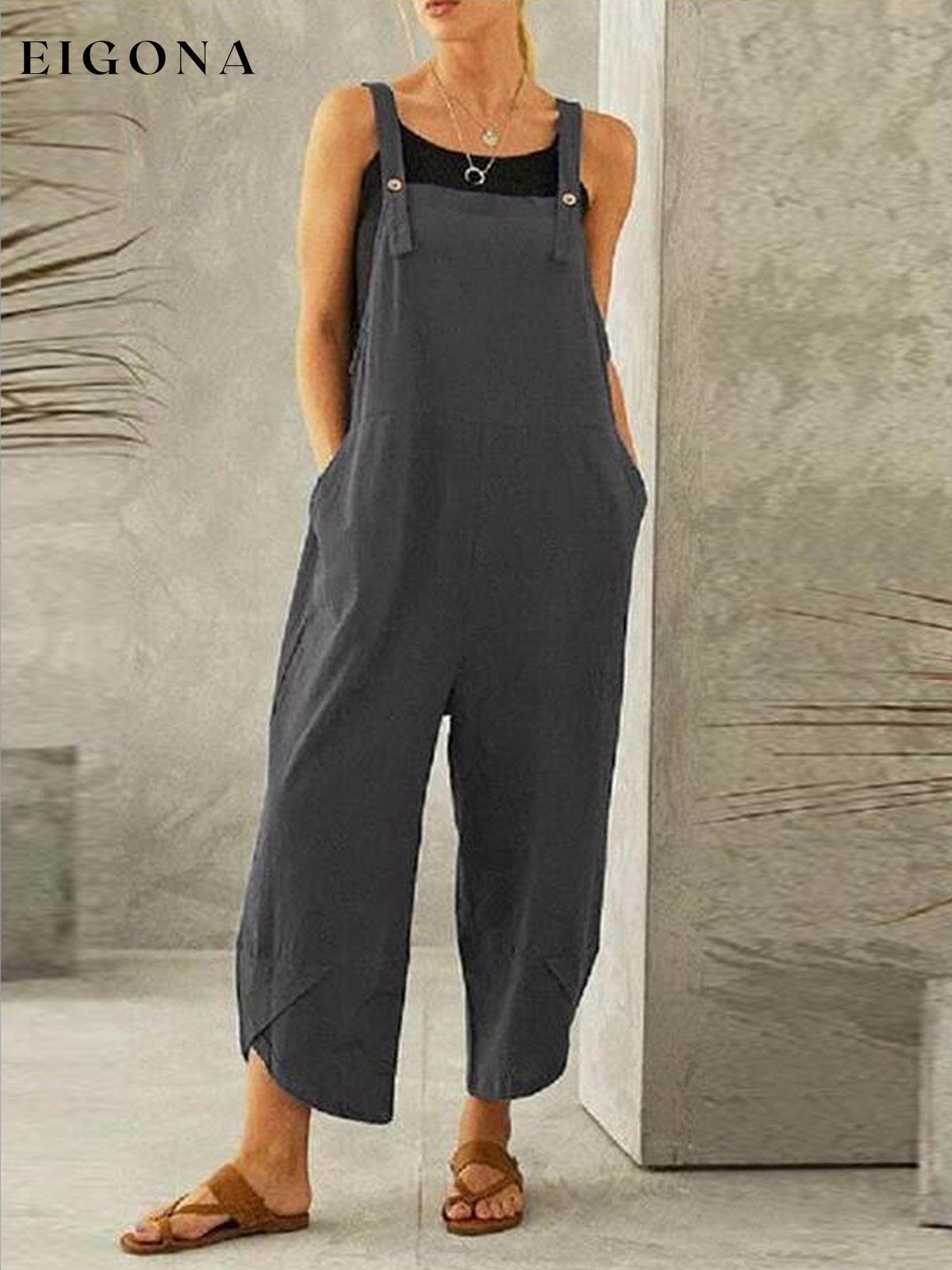 Women's Casual Pure Color Ankle-Length Overalls cotton linens