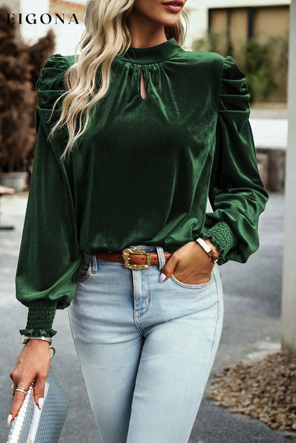 Blackish Green Mock Neck Puff Sleeve Velvet Blouse clothes EDM Monthly Recomend long sleeve shirt long sleeve shirts long sleeve top long sleeve tops shirt shirts top tops
