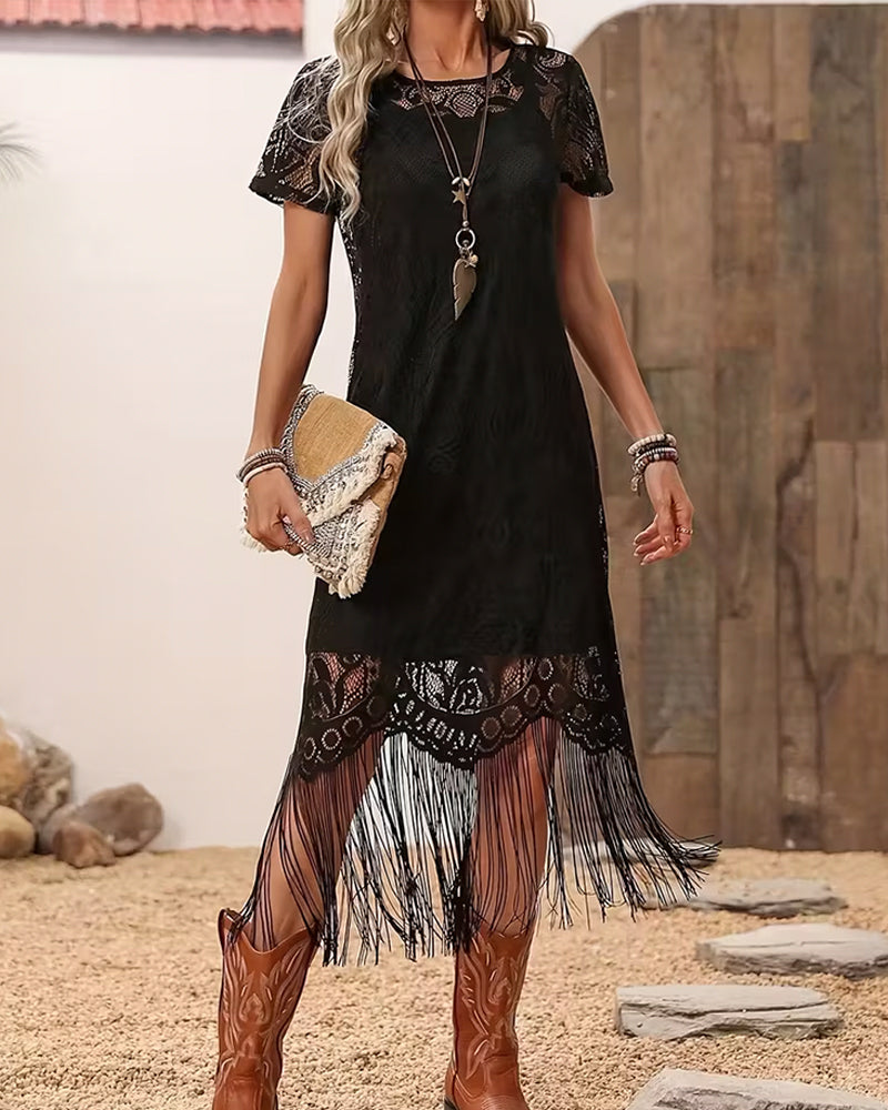 Lace-Paneled Short-Sleeve Fringed Dress