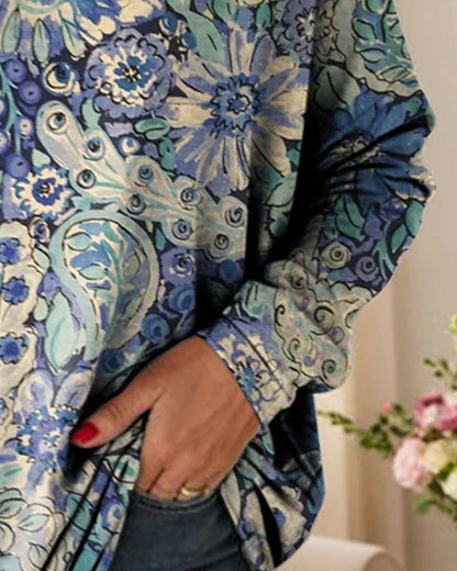 Casual Printed V-Neck Long-Sleeved Top