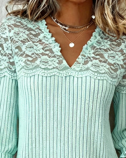 Solid Color V-Neck Patchwork Blouse