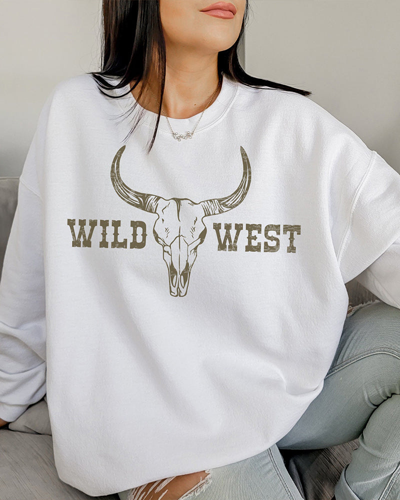 Women's Longhorn Cowskull Print Crewneck Sweatshirt 2024 f/w sweatshirts western style