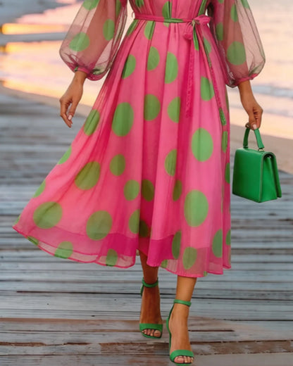 V-Neck Lantern Sleeves Big Polka Dot Dress
