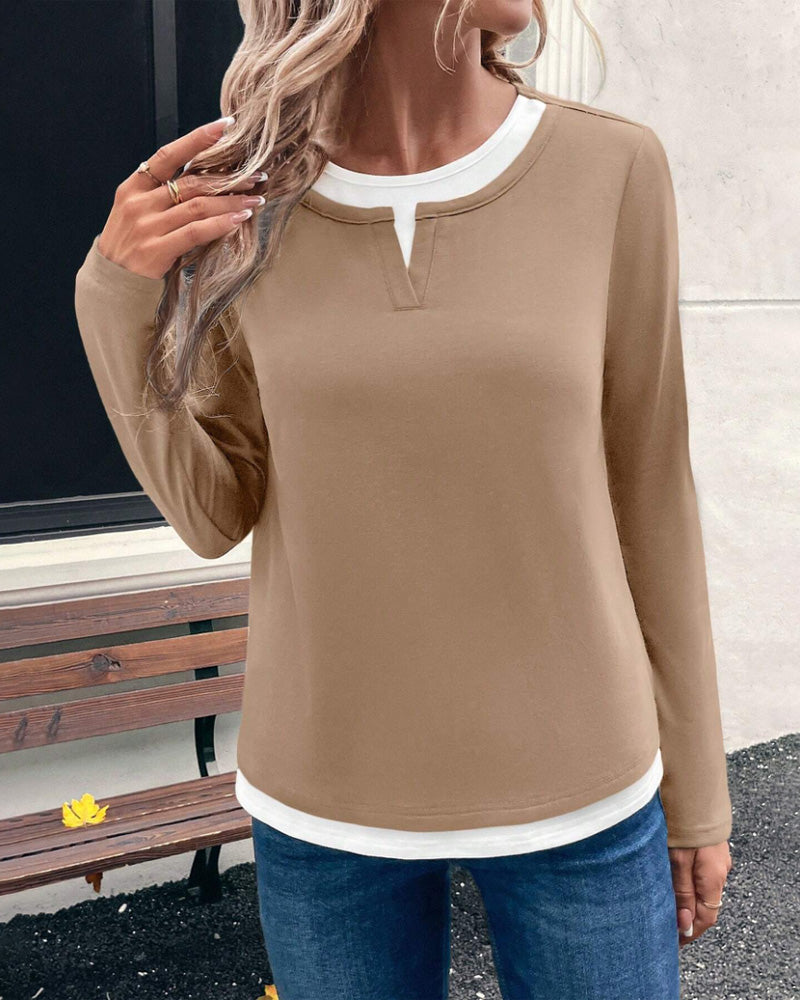 Long-Sleeved Fake Two-Piece Solid Color Top 2024 f/w blouses & shirts spring and autumn