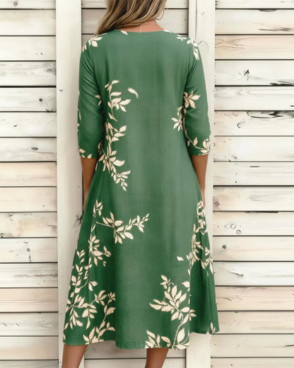 Botanical Print Button Shirred Dress