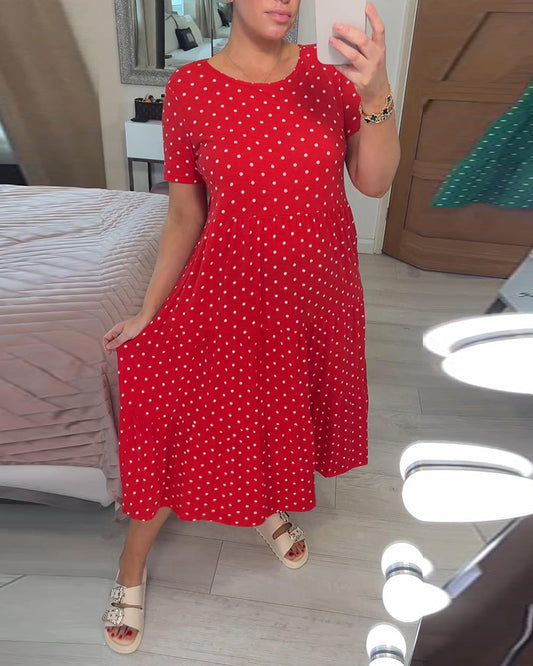 Polka dot print round neck short sleeve dress casual dresses summer