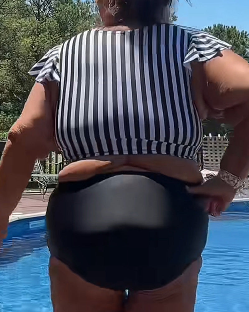 Striped Flutter Sleeve U-Neck Bikini