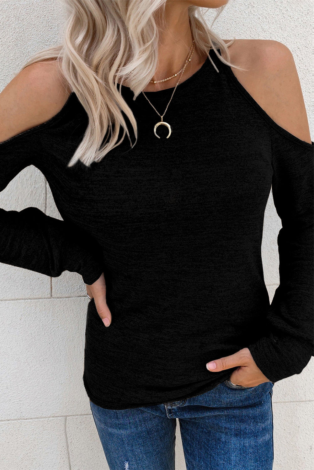 Black Marble Knit Cold Shoulder Cutout Long Sleeve Top All In Stock clothes Collar Off Shoulder Detail Cut Out long sleeve shirt long sleeve shirts long sleeve top long sleeve tops Occasion Daily Print Solid Color Season Fall & Autumn shirt shirts Style Southern Belle top tops