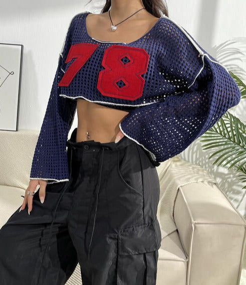 Contrast Patches Long Sleeve Cropped Knit Long Sleeve Top clothes crop top crop tops cropped top croptop long sleeve shirts long sleeve top Ship From Overseas Yh