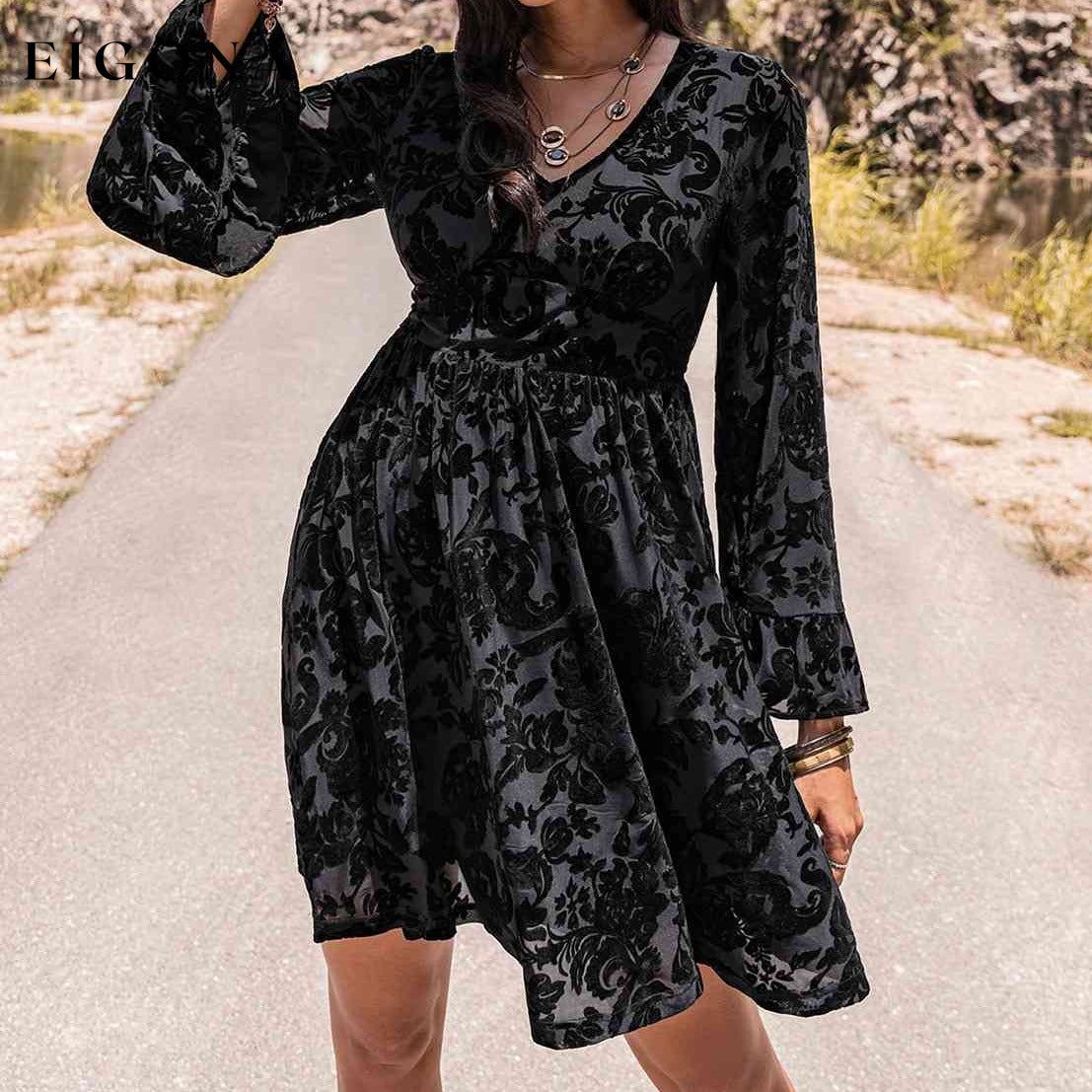 Floral V-Neck Flare Sleeve Mini Dress clothes H.R.Z Ship From Overseas