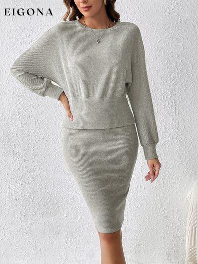 Ribbed Round Neck Top and Skirt Set, 2 Piece Sweater and Skirt Set Heather Gray bottoms clothes lounge wear sets midi skirts sets Ship From Overseas skirt skirts Sweater sweaters Z@Q